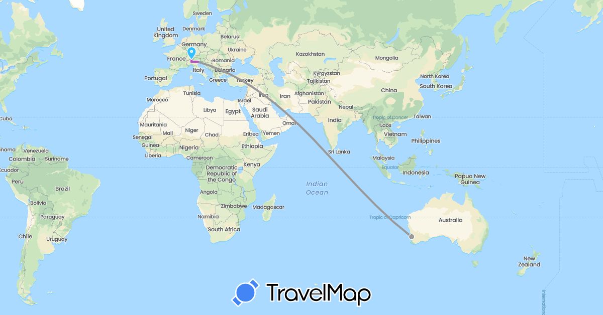 TravelMap itinerary: driving, plane, train, boat in United Arab Emirates, Australia, Italy (Asia, Europe, Oceania)